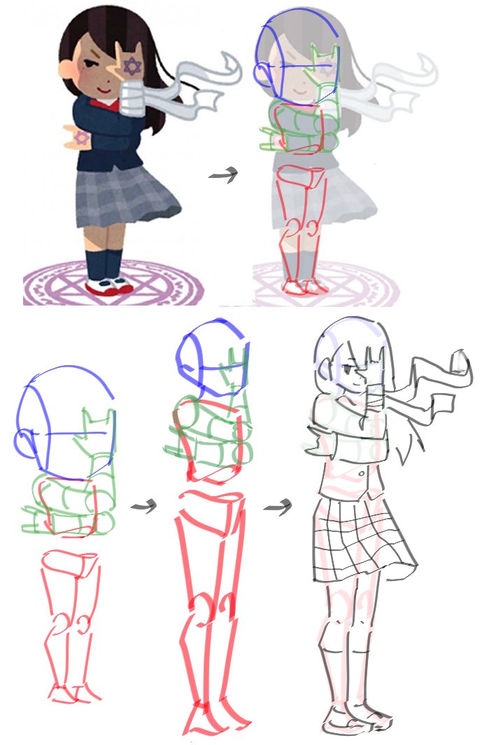 gVMOUmbC5rdeJ05's tweet photo. 絵を描く人さんの模写ポストが分かりやすかったので、私も便乗して参考資料を元に好きな等身で描く自分なりのやり方を。

等身を変えたいとき、参考資料から素体を取り出すのが近道です。
素体は全身を一気に描くのは難しいですが、パーツ毎に分ければ形を捉えるのが楽になります。
パーツが描けたら各部の大きさや長さを変えることで等身調整できます。