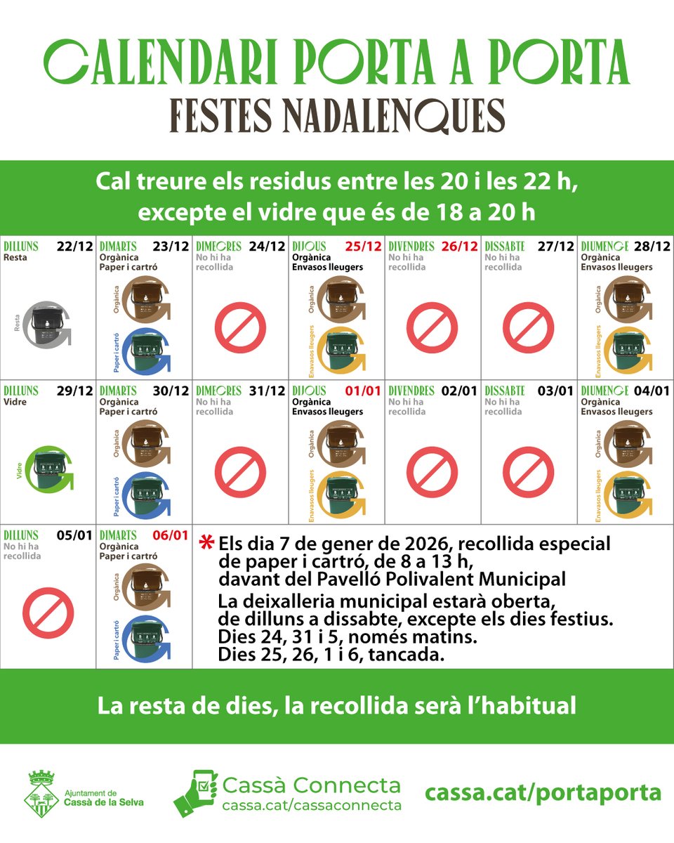 Us recordem que demà dimecres dia 7 de gener, de 8 a 13 h, hi haurà un servei especial de recollida de paper davant el Pavelló Polivalent.