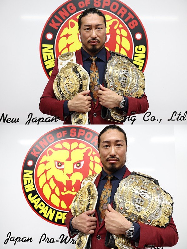 TheDrainmaker's tweet image. Yota Tsuji official photos with the v4 IWGP Heavyweight Championship at today's NJPW press conference. 🔥

The IWGP WORLD title is no more.