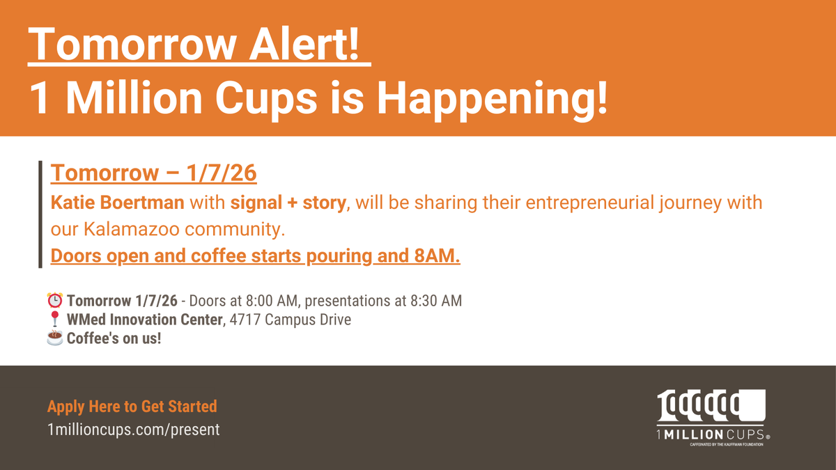 TOMORROW ALERT 🚨 – 1/7/26
Katie Boertman with signal + story, will be sharing their entrepreneurial journey with our Kalamazoo community.
Doors open and coffee starts pouring and 8AM.