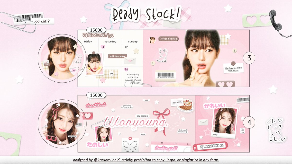 karxomi's tweet image. layout ready stock wonyoung ☘️ 
prici di pict ya, free retext ..
#zonaba #zonauang