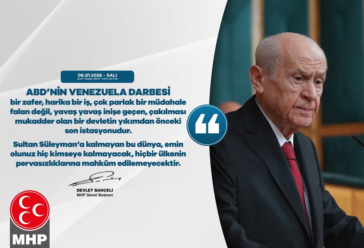 ABD’nin Venezuela darbesi bir zafer, harika bir iş, çok parlak bir müdahale falan değil, yavaş yavaş inişe geçen, çakılması mukadder olan bir devletin yıkımdan önceki son istasyonudur.
Sultan Süleyman’a kalmayan bu dünya, emin olunuz hiç kimseye kalmayacak, hiçbir ülkenin
