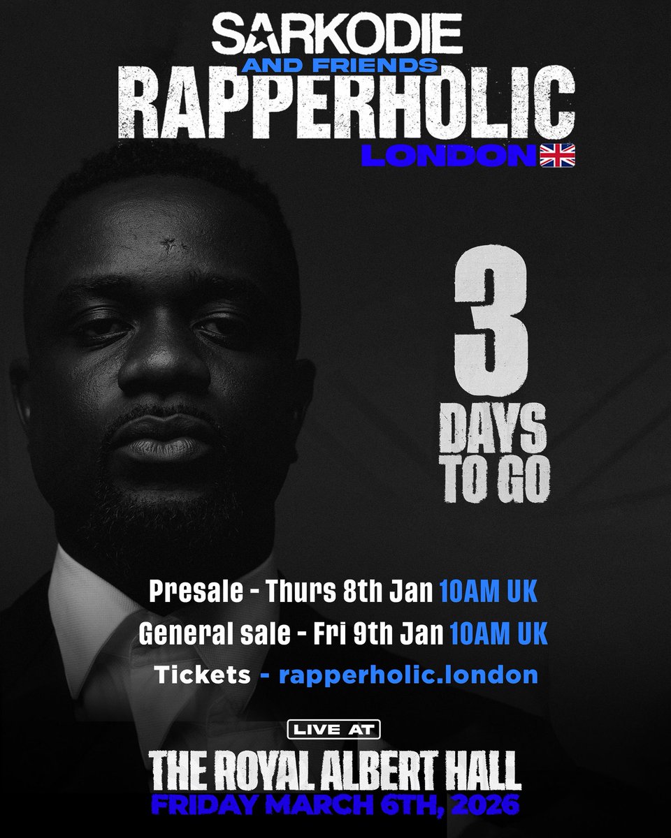 sarkodie's tweet image. 3 days to go 🇬🇧 #RapperholicUk26 rapperholic.london/?utm_source=ig…
