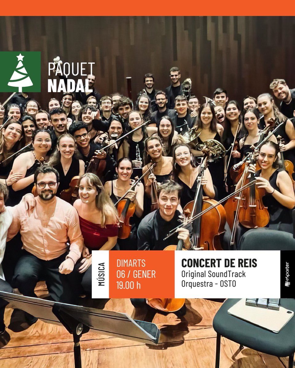 EspaiTer's tweet image. Tanquem semestre! 👑 Èxits del cinema és una experiència musical amb l’Original SoundTrack Orchestra (OSTO) a través del qual redescobrirem, el dia de Reis, les melodies de la nostra vida a la gran pantalla.

🗓️ Dimarts 6 de gener
⌚️ 19:00 h
🎫 Entrades a espaiter.cat