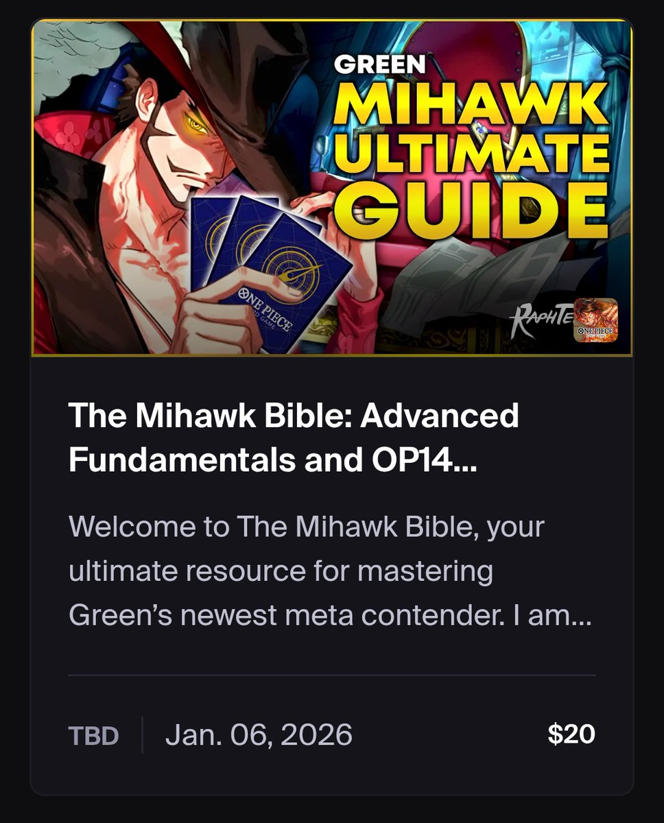 Raphterra's tweet image. The Mihawk Bible + FREE Intro Guide are out now.

This is my magnum opus. The best guide I’ve ever made.

30,000+ words. 4+ hours of gameplay + commentary.

Giving away 5 copies of The Bible (refunds if you bought it).

To enter, 1️⃣ Follow 2️⃣ Like 3️⃣ Repost

👇  Links Below  👇