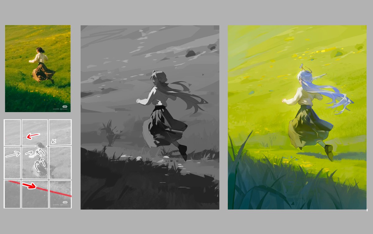 [색 스터디 01]
사람은 명도를 먼저 인식을 하기 때문에 벨류 구성을 먼저 짜고 컬러를 입히면 색을 자연스럽게 가산시킬 수 있는 것 같아요.