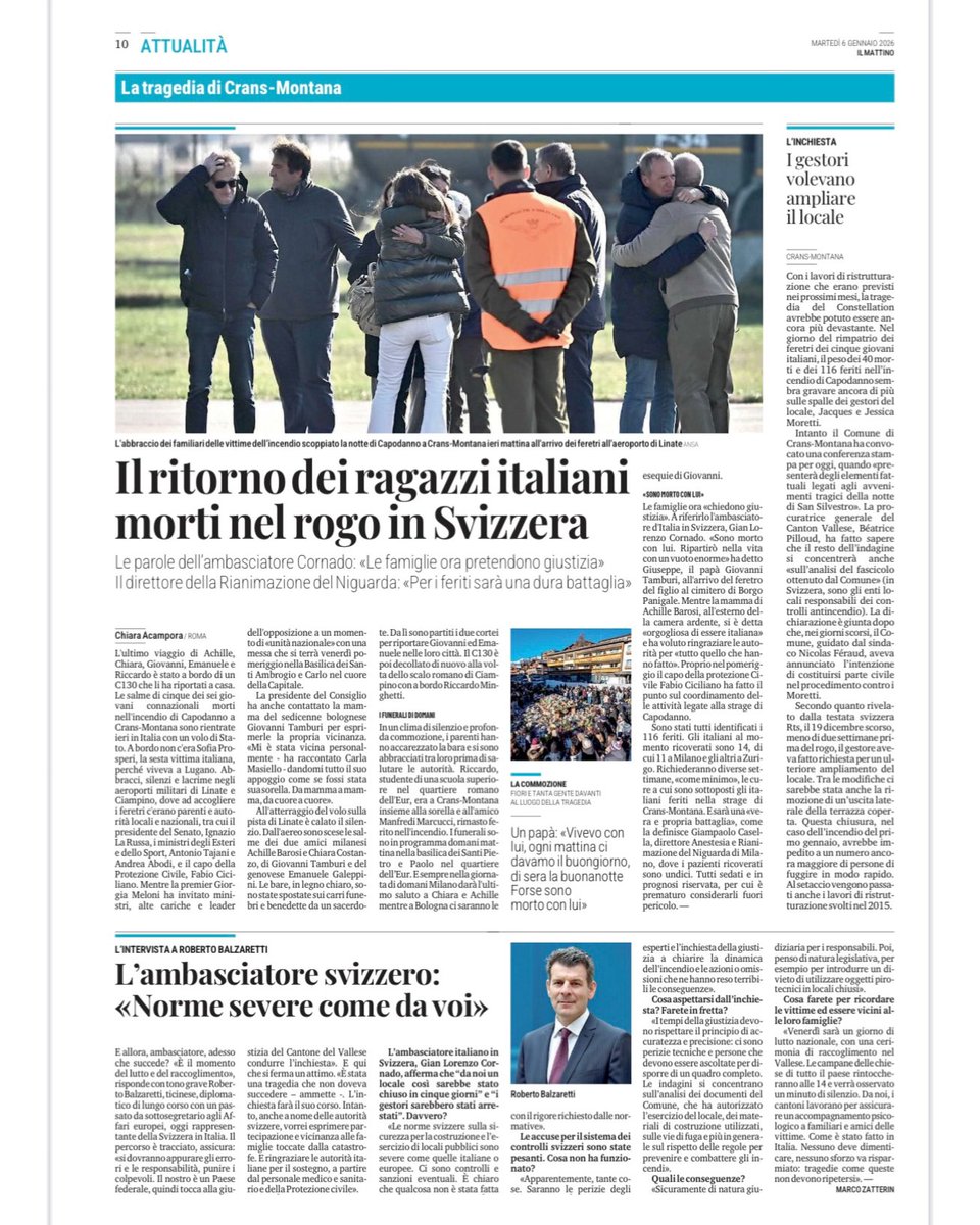 “È il momento del lutto e del raccoglimento.”

A nome delle autorità svizzere, l’Ambasciatore di🇨🇭in🇮🇹Roberto Balzaretti esprime profonda vicinanza alle famiglie colpite dalla catastrofe avvenuta a #CransMontana il 1° gennaio.

L’intervista completa su Il Mattino di Padova.🗞️⬇️