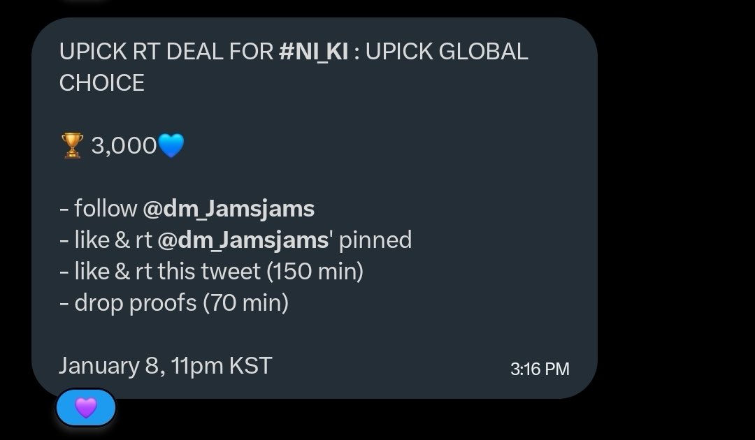 UPICK RT DEAL FOR #NI_KI : UPICK GLOBAL CHOICE

🏆 3,000💙

- follow <a href="/dm_Jamsjams/">jams</a>
- like &amp; rt <a href="/dm_Jamsjams/">jams</a>' pinned
- like &amp; rt this tweet (150 min)
- drop proofs (70 min)

January 8, 11pm KST