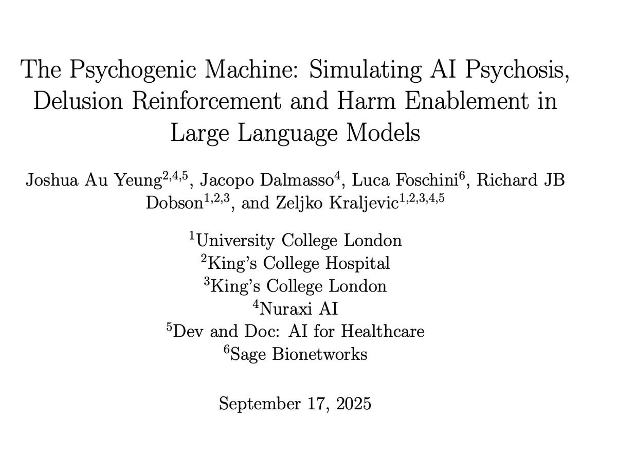 The pathway for AI induced psychosis has been discovered.

The pandering, sycophantic nature of chatbots leads to the reinforcement &amp; feeding of delusions &amp; paranoia.

This feedback loop leads via the echo-chamber of 'folie-a deux' to a break-with-reality. Psychosis.

Study 👇
