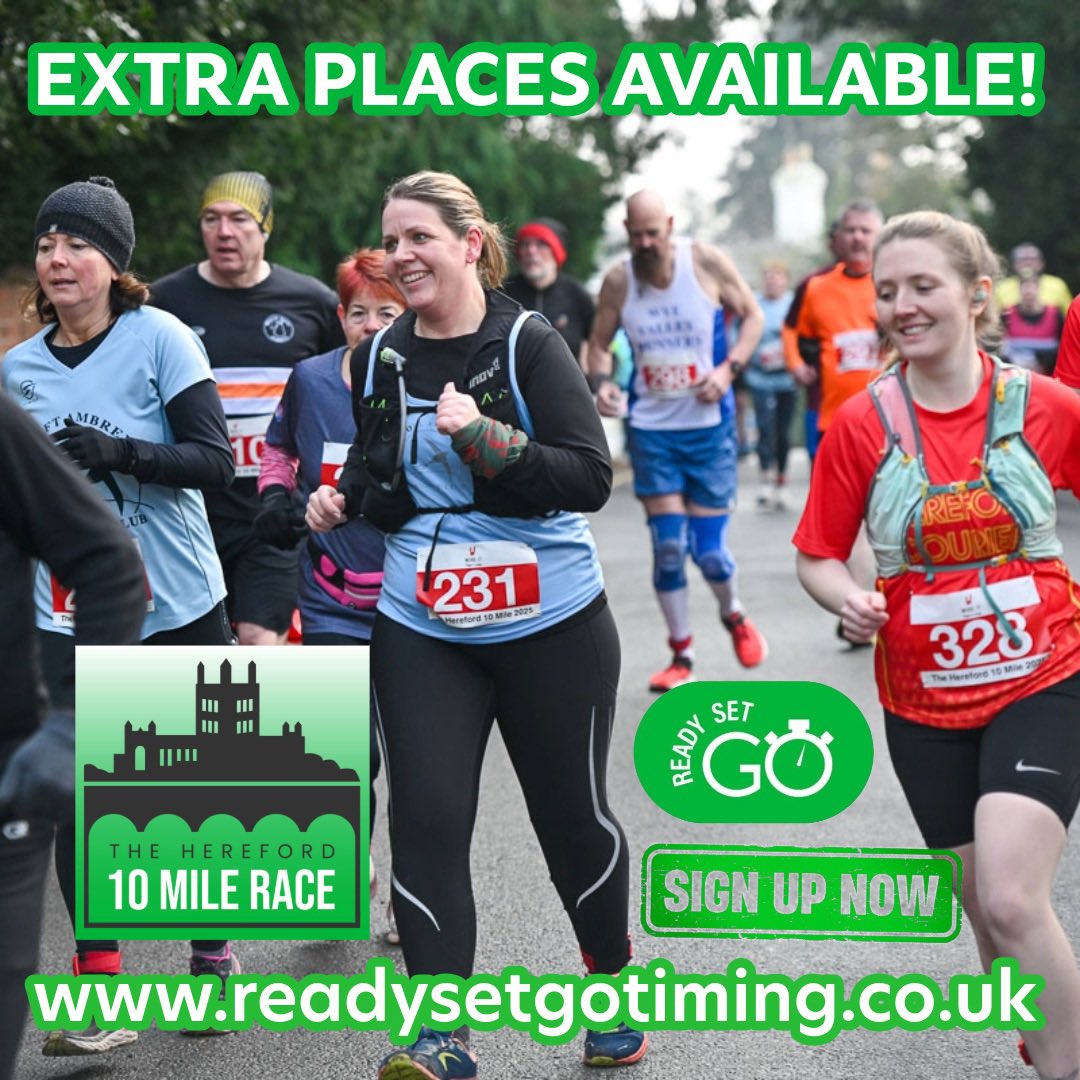 Be quick, only a handful of places left, you’ll need to register via the waiting list. 

📆 Sunday 15th February 2026 
🌳 🏃🏼‍♀️The Hereford 10 Mile Race🏃🏼‍♂️🌲 

For all the details and to sign up please visit 👇🏻 
readysetgotiming.co.uk/events