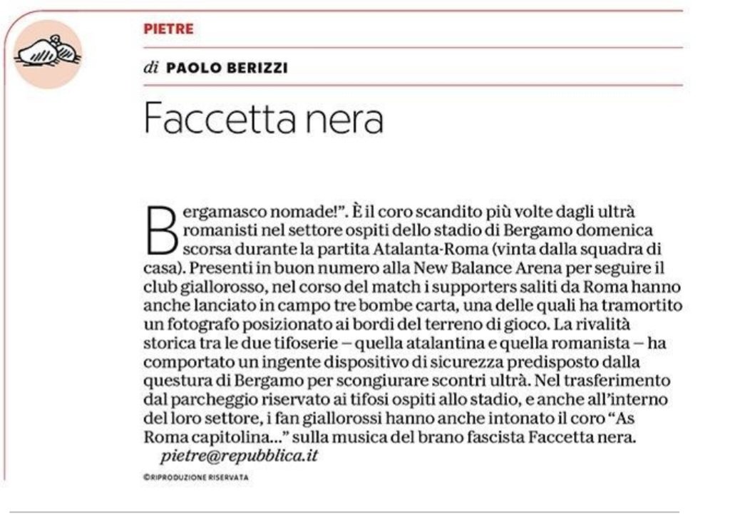 PBerizzi's tweet photo. "Bergamasco nomade!". Il coro razzista degli ultrà della Roma durante la partita contro l'Atalanta a Bergamo. Poi il solito coro "As Roma capitolina..." sulla musica del brano fascista "Faccetta nera". Curve neofasciste, Roma, Italia. 

#Pietre
@repubblica https://t.co/sMDcDQxwq7