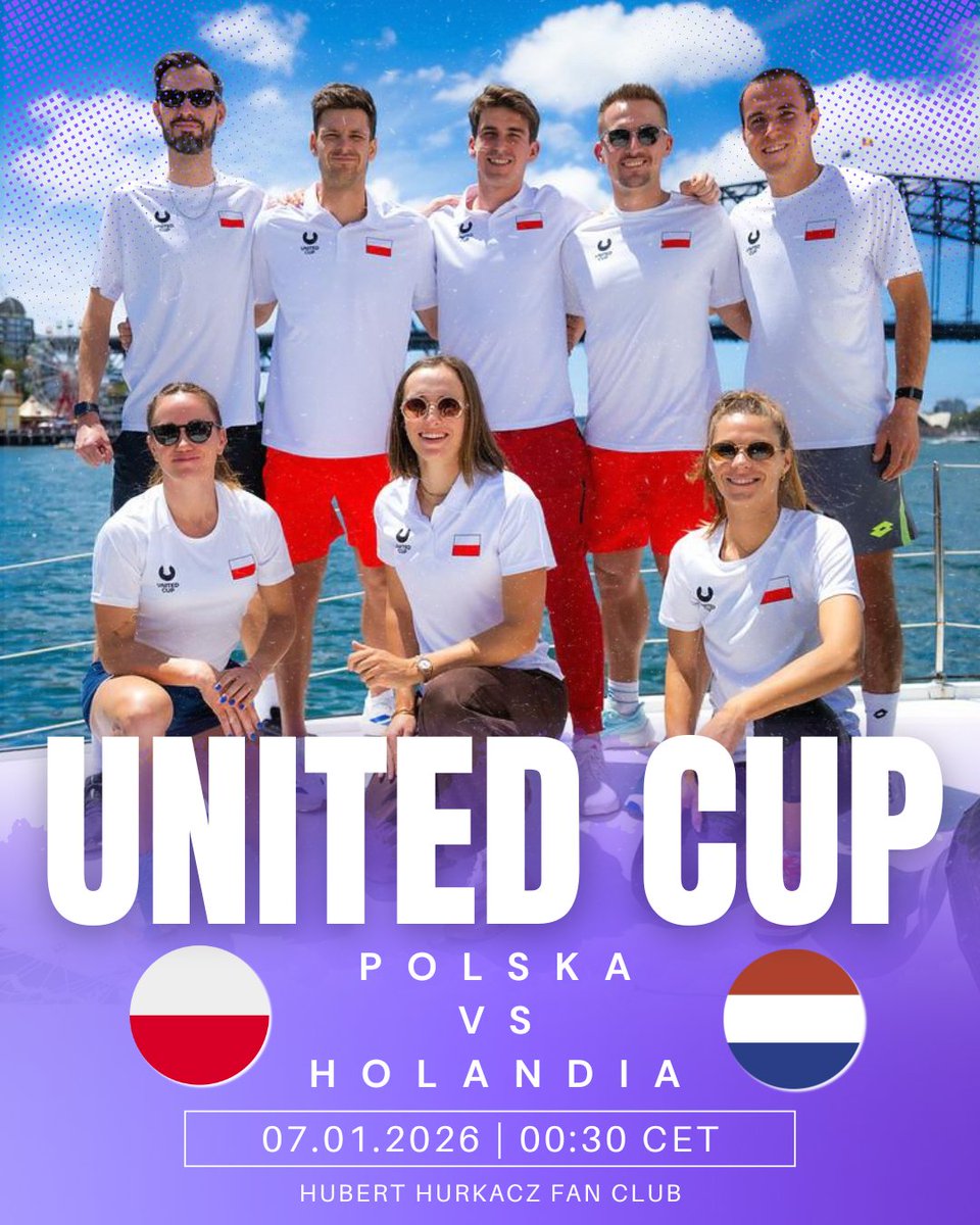 HubertHurkaczFC's tweet photo. 🇦🇺 UNITED CUP 2026 🇦🇺
🇵🇱 Polska vs. Holandia 🇳🇱
🗓️🕢07.01.2026, 0:30 🇵🇱 / 10:30 🇦🇺
📺 Polsat Sport 1, Tennis TV
1⃣ 🇵🇱 Hubert Hurkacz vs. Tallon Griekspoor 🇳🇱
2⃣ 🇵🇱 Iga Świątek vs. Suzan Lamens 🇳🇱
3⃣ Mikst
JAZDA! 🤍❤️
#Hubi #Hurkacz #HubertHurkacz #HubiHurkacz #TeamHH #TeamHubi #TeamHurkacz #HubiTeam #HubertHurkaczFanClub #UnitedCup #Polska #Poland #TeamPoland #HubiHero #HubIga #Swiatek #Iga #IgaSwiatek #TennisComunnity #HHFC #ATP #Tenis #Polskitenis #tennis #CzasNaTenis