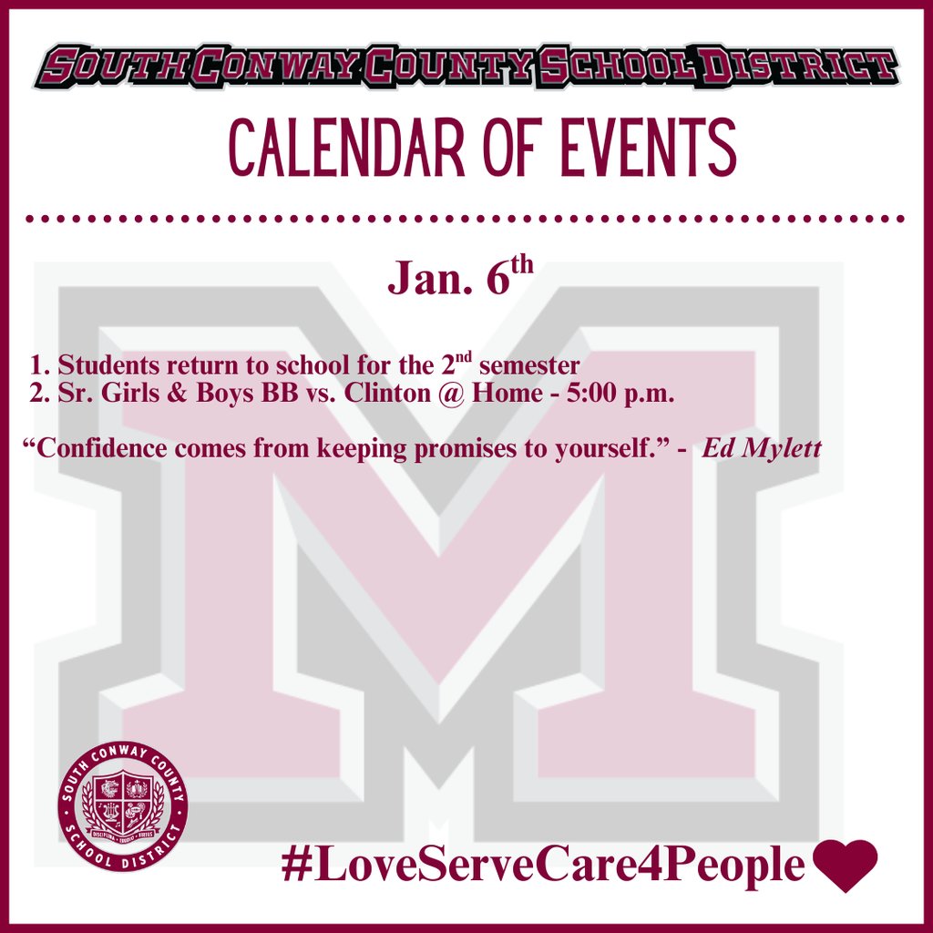 mhsdevildogs's tweet image. Jan. 6th Event Calendar: 

 1. Students return to school for the 2nd semester
 2. Sr. Girls &amp;amp; Boys BB vs. Clinton @ Home - 5:00 p.m. 

“Confidence comes from keeping promises to yourself.” -  Ed Mylett