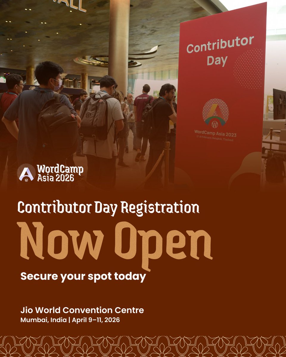 Contributor Day registration is LIVE! 🚀

Come to Mumbai, learn by doing, collaborate with the WordPress community and make real contributions! 

Secure your event pass + Contributor Day spot now. Seats are limited, so don’t wait! 

Register now:  asia.wordcamp.org/2026/contribut…