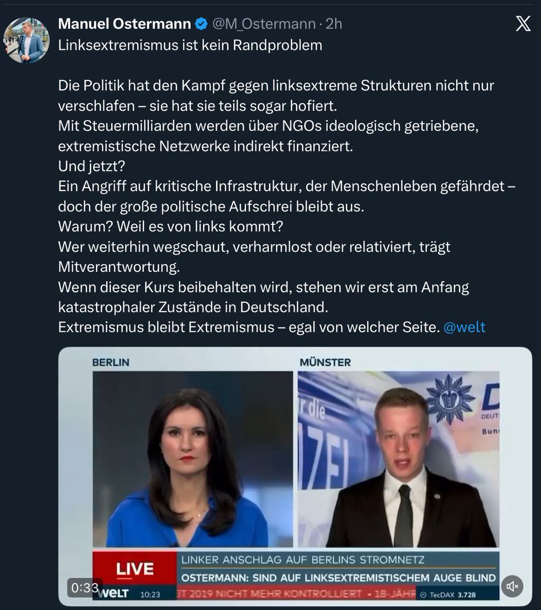 polenz_r's tweet image. Polizeihauptmeister @M_Ostermann wirft der Bundesregierung, Landesregierungen und Kommunen vor, linksextremistischen Terrorismus „indirekt“ zu finanzieren. Was sagen seine Dienstvorgesetzten dazu? Teilen sie seine Einschätzung?