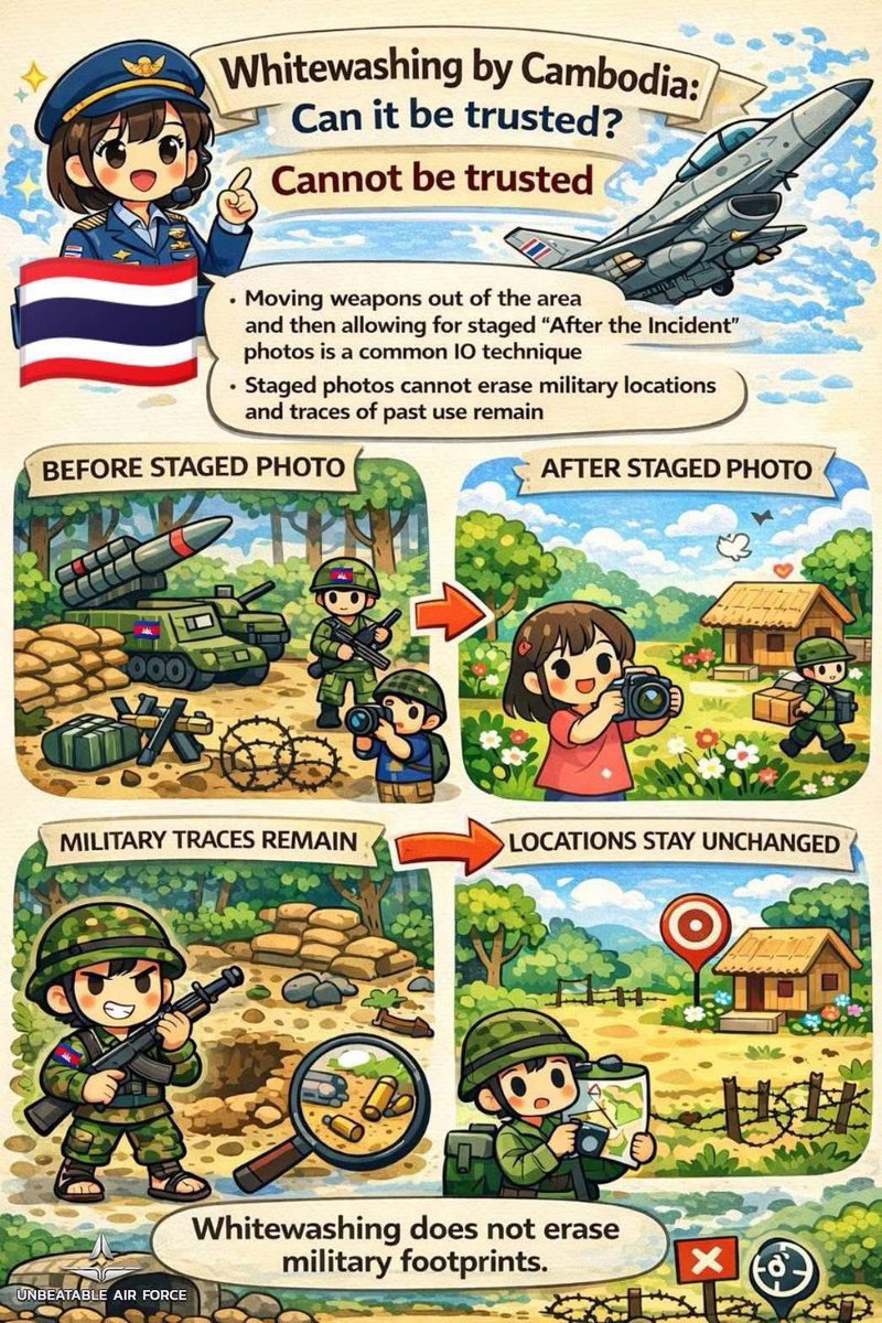 prroyalthainavy's tweet image. #PRESSRELEASE | ศูนย์ประสานข้อมูลข่าวสารร่วม ไทย - กัมพูชา
.
Q : การฟอกขาวพื้นที่ของกัมพูชา เชื่อถือได้หรือไม่? 
A : ไม่สามารถเชื่อถือได้ การเคลื่อนย้ายอาวุธออกจากพื้นที่ แล้วเปิดให้ถ่ายภาพ “หลังเหตุการณ์” เป็นเทคนิค IO ที่ใช้กันทั่วไป ภาพหลังจัดฉาก