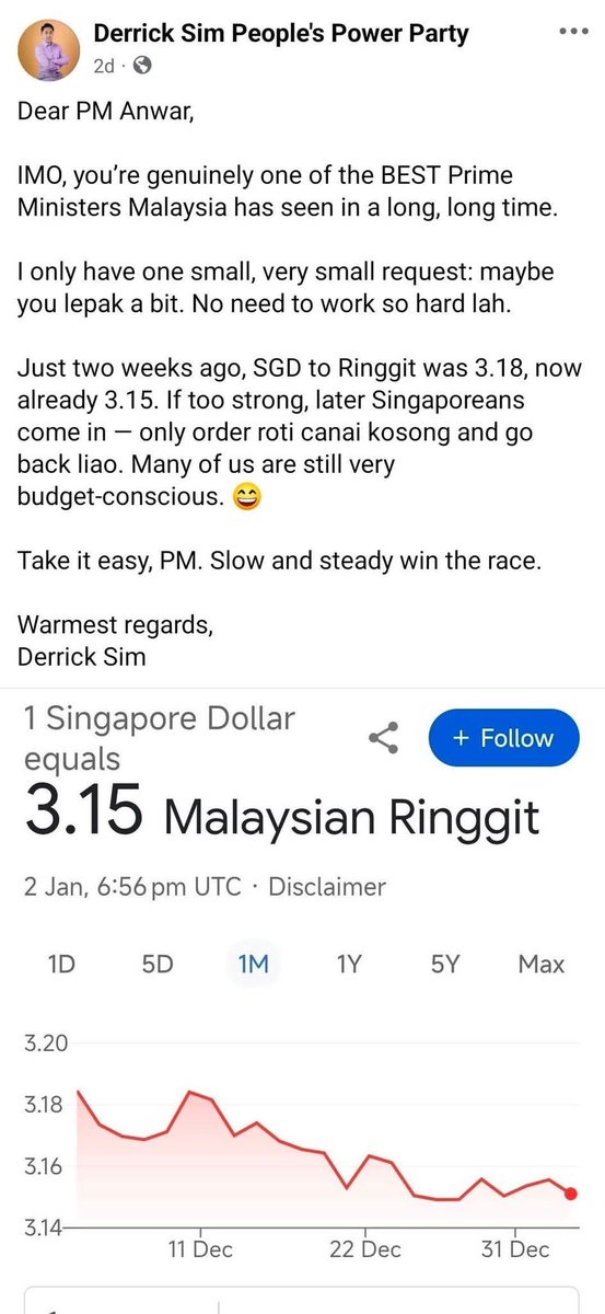 Rakyat Singapura katanya mula risau kalau RM makin menguat, takut tak boleh shopping sakan lagi 😅
Lucu juga bila difikirkan.

Negara lain kagum dengan kepimpinan Anwar Ibrahim sebagai Perdana Menteri Malaysia.
Pelabur perhati. Media luar puji. Reformasi jalan.

Tapi malangnya,
