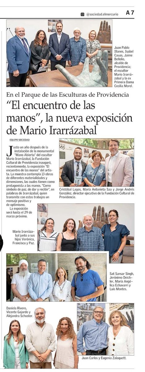 CulturaProvi's tweet image. #SOCIALES Este martes en @__elmercurio se publicaron las fotos de la inauguración de la exposición “El encuentro de las manos” del destacado artista chileno #MarioIrarrázabal que se encuentra en la sala del Parque de las Esculturas. @Muni_provi