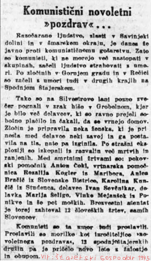 Ahorn89027074's tweet photo. "NOVOLETNI POZDAV" NA ŠTAJERSKEM 1944- S TERORISTIČNIM NAPADOM NA ŽELEZNIŠKO POSTAJO GROBELNO S PODTAKNJENO BOMBO.
Partizanska agentka je v čakalnici podtaknila bombo. Eksplozija je ubila nedolžne Slovence, ki so se vračali domov k družinam.
#PartizanskiZločini #Grobelno #OF https://t.co/lhm8KspLc4