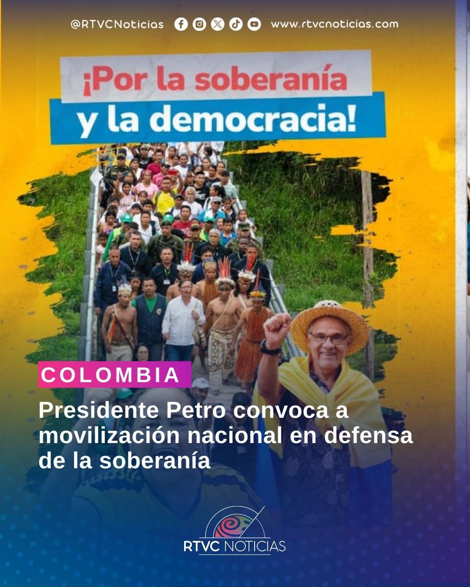 #Soberanía ✊ | El presidente <a href="/petrogustavo/">Gustavo Petro</a> convocó a una movilización nacional para el miércoles 7 de enero a las 4:00 p. m., invitando a los colombianos a concentrarse en plazas públicas en defensa de la soberanía y la democracia. En Bogotá, la concentración será en la Plaza de