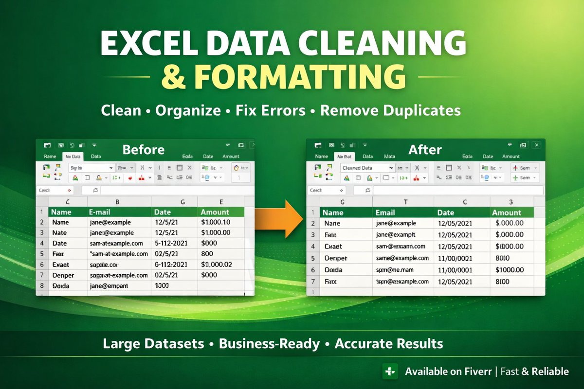 GojoSatoru778's tweet photo. • Excel formatting 
• Organize messy spreadsheets

Clean data helps better reporting and smarter decisions 📊

Need help with Excel data?

👉 Hire me on Fiverr: https://t.co/IcRT51IM82

#ExcelData #DataCleaning #RemoveDuplicates #ExcelFormatting #freelancer https://t.co/g5Tnl3J09g