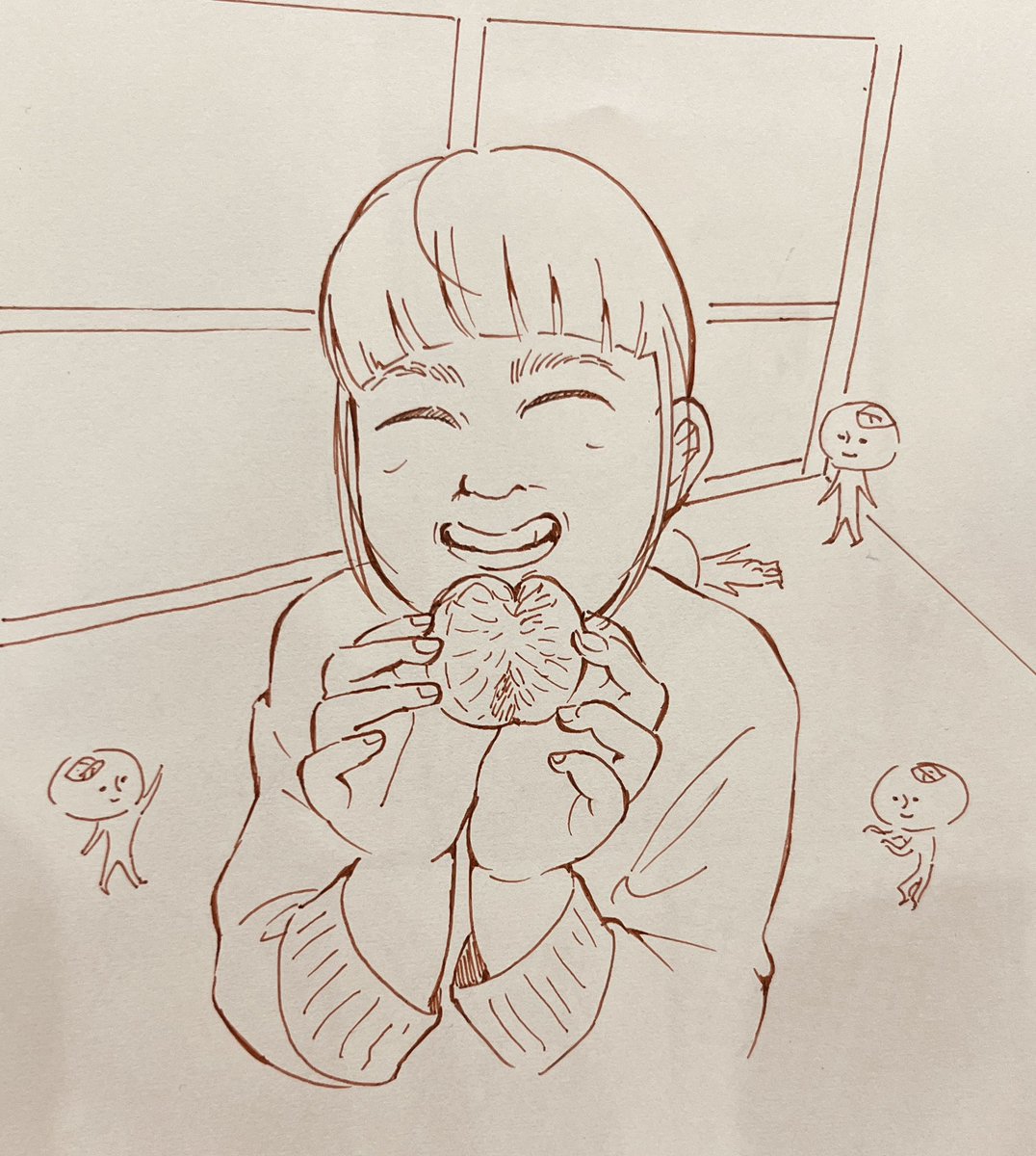 kuriboushi417i's tweet image. 我が子の写真を見て描いて、周りにみかんさんを散りばめてみました🍊
一房のみかんをパカっと割って見せてくれてるところです😄
 #イラスト