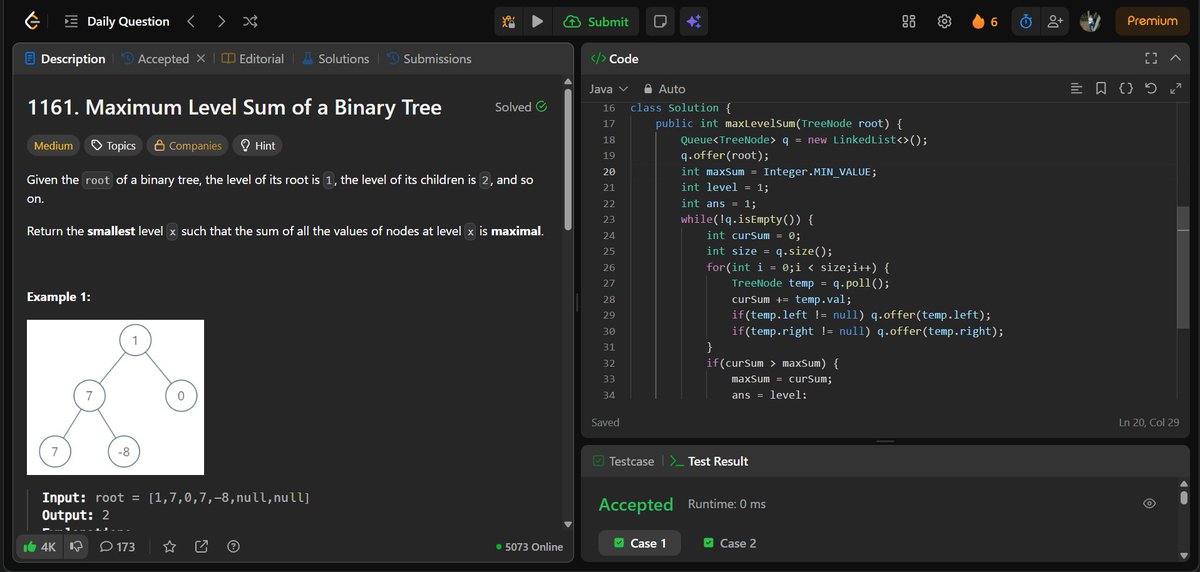 dinu_x012's tweet photo. >Day 56/100 of solving LeetCode 🔥

>Solved today’s POTD.

>Binary tree revision after a long time — seeing “levels” 
immediately pointed to BFS.

>Simple problem, strong fundamentals ,good revision problem

#Day56 #100DaysOfCode #LeetCode #LeetCodePOTD #BinaryTree #BFS #LevelOrderTraversal #DSA #CodingJourney #Java
