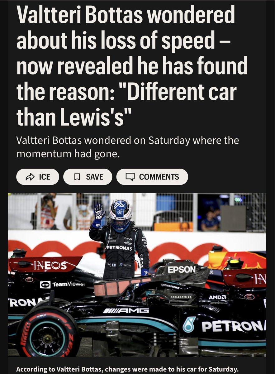 "he was always given the same car"

Valtteri Bottas: "I have found out the reason, but I can't give details. My car was no longer quite the same and not the same as Lewis's. There were a few differences in the cars."