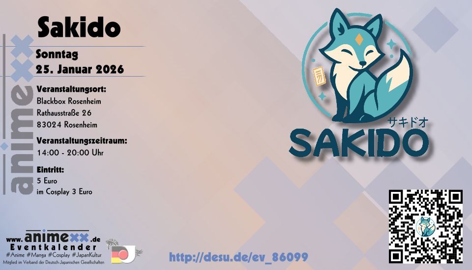 Sakido - das Anime- und Mangaevent von Nerds für Nerds in (und um) Rosenheim findet am Sonntag, den 25. Januar 2026 von 14 bis 20 Uhr in der Blackbox statt. Triff dich mit Gleichgesinnten wenn es ums Thema Anime, Mangas, Gaming oder Cosplay geht. 
desu.de/ev_86099