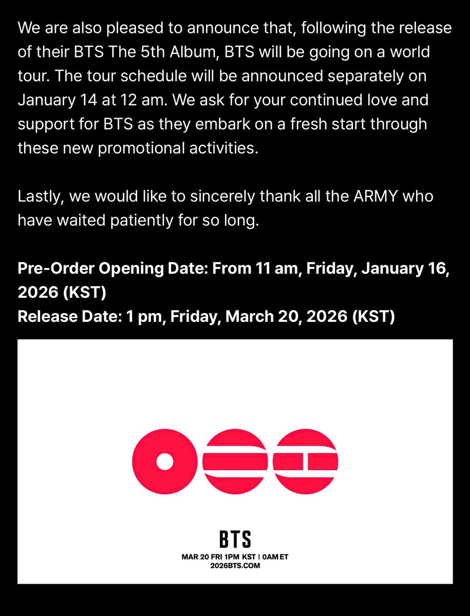 tksovers's tweet image. BTS ALBUM AND TOUR DETAILS !! 

— The Album has 14 tracks 
— Filled with music true to BTS (that BTS wants to share with ARMY)
— Pre-order • Jan 16th 11AM KST
— Release • March 20th 1PM KST

— Tour schedule = January 14th 12AM KST