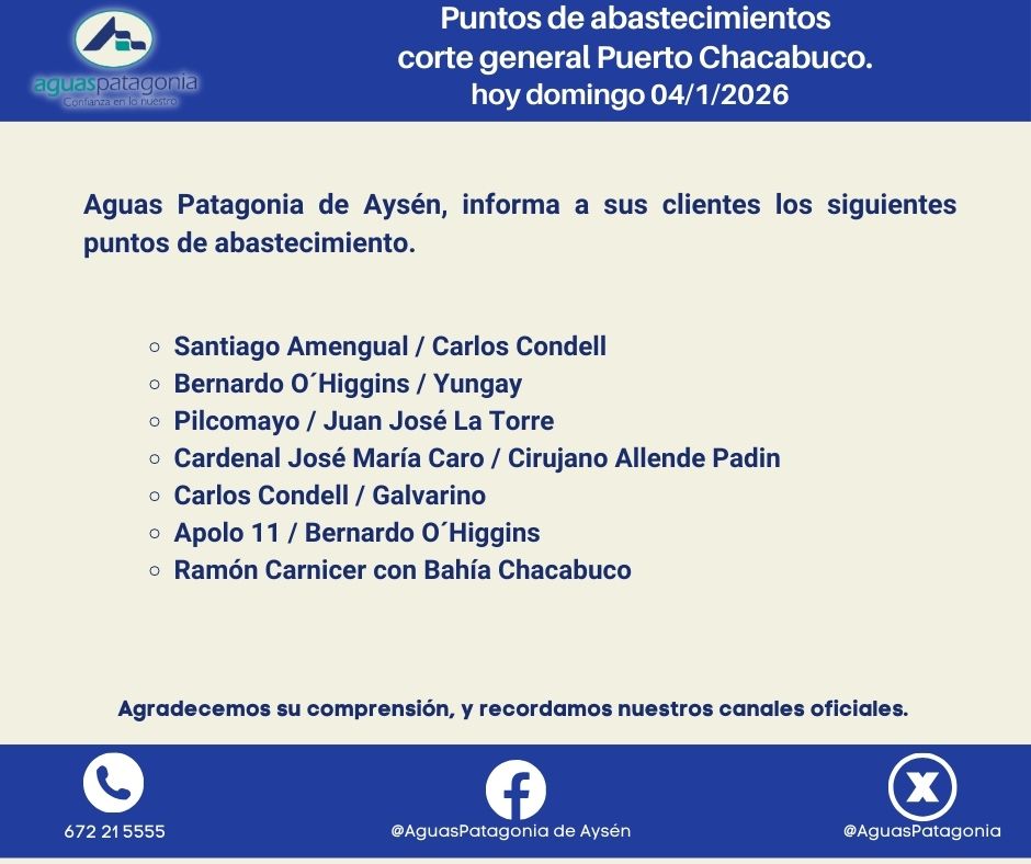 Aguas Patagonia de Aysén, informa a sus clientes de Puerto Chacabuco, los siguientes puntos de abastecimiento por corte general programado para hoy 04/01/2026 a partir de las 15:00 horas.