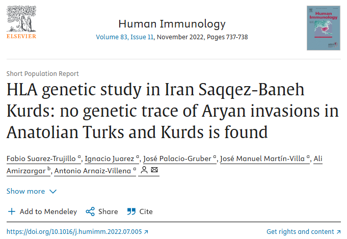 KurdiCompendium's tweet photo. This paper draws a conclusion that no Aryan ancestry can be found in Kurds, based on HLA based ancestry assignment. A outdated technique which was refuted over 20 years ago by one of the great founders of modern genetics as a science, L. L. Cavalli Sforza. Many others should be noted here too such as Alberto Piazza and Neil Risch. It is pretty ridiculous that this was published in 2022, especially since L. L. Cavalli Sforza is no longer even alive, and almost no genetic paper these days ever use this technique. This is the second paper I have reviewed on Kurdish genetics that is of terrible quality, and I will eventually get through them all. 

HLA can only be used for immunological purposes, such as determining transplant compatibility, for example. While it is obvious that Proto Iranian ancestry among Kurds is only about 10 percent, assuming that this ancestry arrived uninterrupted into modern Kurdistan without several waves of admixture is absurd, such as from the BMAC culture, among many others, which are also shared with other West Iranian ethnicities. The medieval ancestors of Kurds were indistinguishable from other mainland Iranians of the Iranian plateau, whom modern Kurds have strong continuity with. 

Ignoring the fact that HLA genes are not proper markers of ancestry, any allele frequency comparisons with other populations will have large statistical uncertainties due to the sample size being 60. The HLA region represents a single genomic locus, as all these genes are closely linked on chromosome 6, so effectively this study examines a very narrow slice of the genome. Every serious population genetic study instead uses hundreds of thousands of markers across the genome, for example SNP arrays or whole genomes, to obtain an accurate picture of ancestry.

It is well documented that HLA loci have experienced balancing selection, maintaining multiple alleles due to pathogens. Different populations can converge on similar HLA allele frequencies if they faced similar diseases, even if they are not recently related. As one genetic commentary notes, using results from the analysis of a single marker, particularly one likely to have undergone selection, for the purpose of reconstructing genealogies is unreliable and unacceptable practice in population genetics. For example, an earlier HLA study by the same group claimed that Greeks were genetically most similar to Ethiopians and other Sub Saharan Africans. This can not be taken seriously in any capacity. 

Numerous other fictitious claims are made in this paper, such as the Hittite language not being Indo European but rather probably another Dene Caucasian one, and Kurds being descended from the Halaf Culture back in 6000 BCE, among many others are not even worth addressing as only the likes of Soran Hamarash could take value in these Disneyland fairytale narratives. Attempting to remove Kurds from west Iranians is pseudo-science, as Kurds emerged deep within an Iranian milieu within the last millennia and a half which can be examined genetically, linguistically, culturally, and otherwise without any dispute. I strongly doubt this statement made in the paper "The authors declare that they have no known competing financial interests or personal relationships that could have appeared to influence the work reported in this paper." 

Either they are severely incompetent, or they have been paid off by malicious actors.