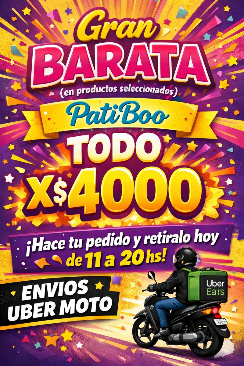 patiboo1's tweet photo. Gran barata PatiBoo 🔥
En productos seleccionados 👉 TODO x $4000
¿Te faltó algo?
Hacé tu pedido y retiralo hoy de 11 a 20 hs ⏰
📦 Envíos por Uber Moto
Stock limitado, el que llega primero elige 😎
#PatiBoo #GranBarata #TodoX4000 #RopitaParaChicos #RopaInfantil https://t.co/UmEuxlmF3Y