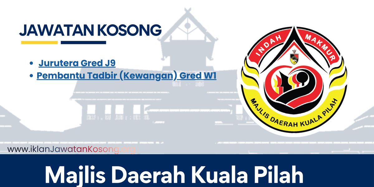JAWATAN KOSONG Majlis Daerah Kuala Pilah

Jurutera Gred J9
Pembantu Tadbir (Kewangan) Gred W1

Tarikh tutup: 12 &amp; 26 Jan 2026
KLIK untuk mendapatkan maklumat perjawatan >>
iklanjawatankosong.org/jawatan-kosong…