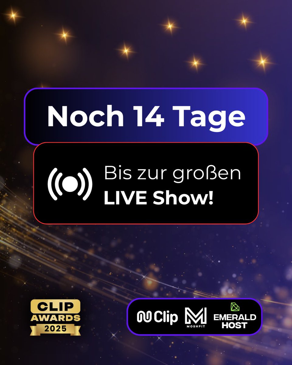 Nur noch 14 Tage bis zur Verkündung der Gewinner*innen! 

Die letzten Vorbereitungen laufen und wir freuen uns euch ein weiteres Mal eine unterhaltsame Show zu liefern!💜

#ClipAwards #TwitchDE #Twitch #twitchdeutschland #Livestream #Streamer #Hamburg