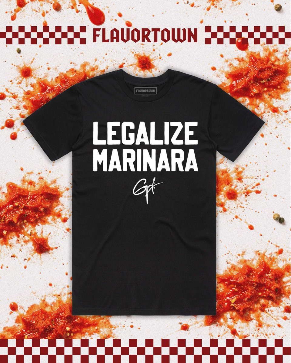 GuyFieri's tweet image. If loving marinara is wrong, I don’t wanna be right 🍅🔥

It’s #NationalSpaghettiDay and the LEGALIZE MARINARA tee is officially live.

🛒: flavortown.com/products/legal…