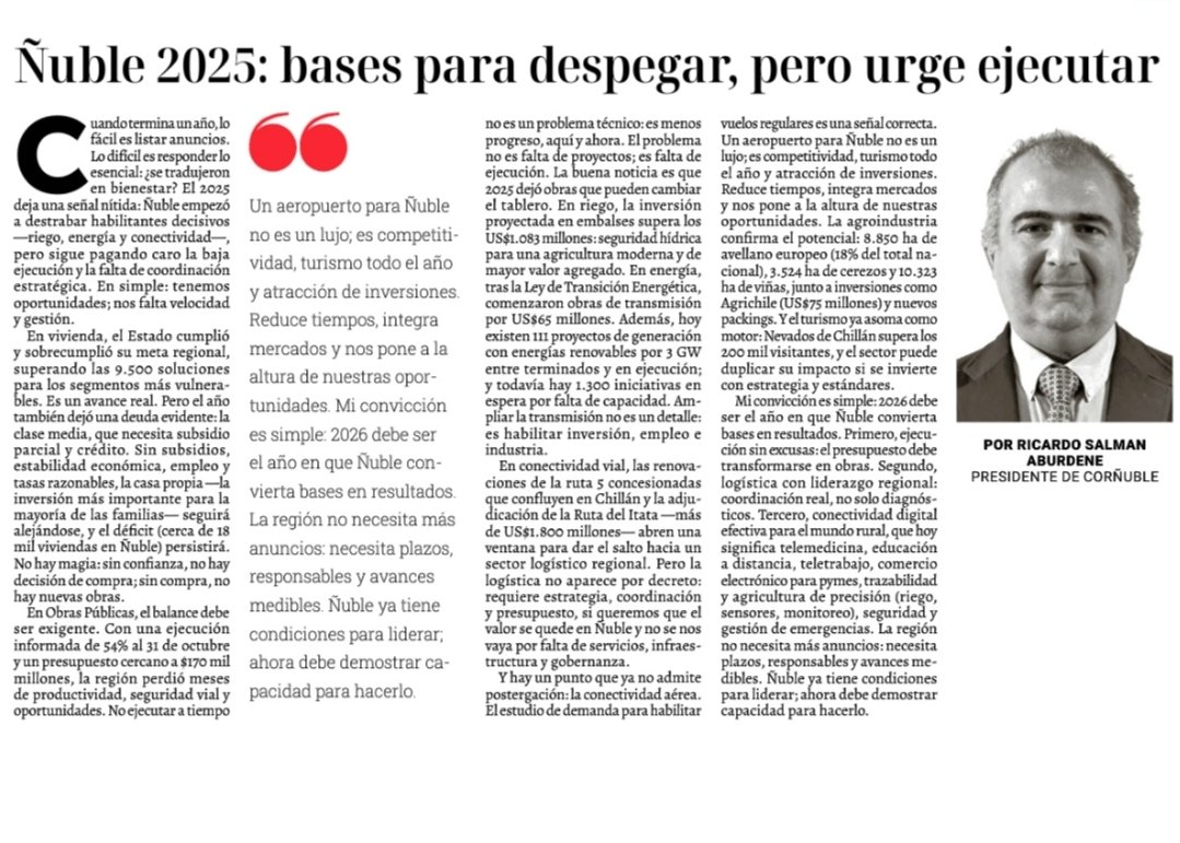 Ñuble 2025 deja una lección clara: avanzamos en habilitantes, pero falta ejecución. El problema es falta de gestión y velocidad, no de proyectos.
2026 debe traer plazos, responsables y avances medibles. #CorÑuble #DesarrolloRegional #Infraestructura  #Energía #Logística #Turismo