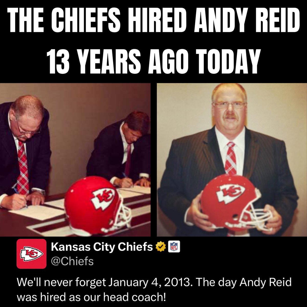Farzin21's tweet photo. Andy Reid became the Chiefs head coach 13 years ago today. Winning season each of the first 12 years, 3 Super Bowl wins and 5 AFC Championship wins. Only 1 losing season.

📸: Chiefs https://t.co/4DWA4bOQqo