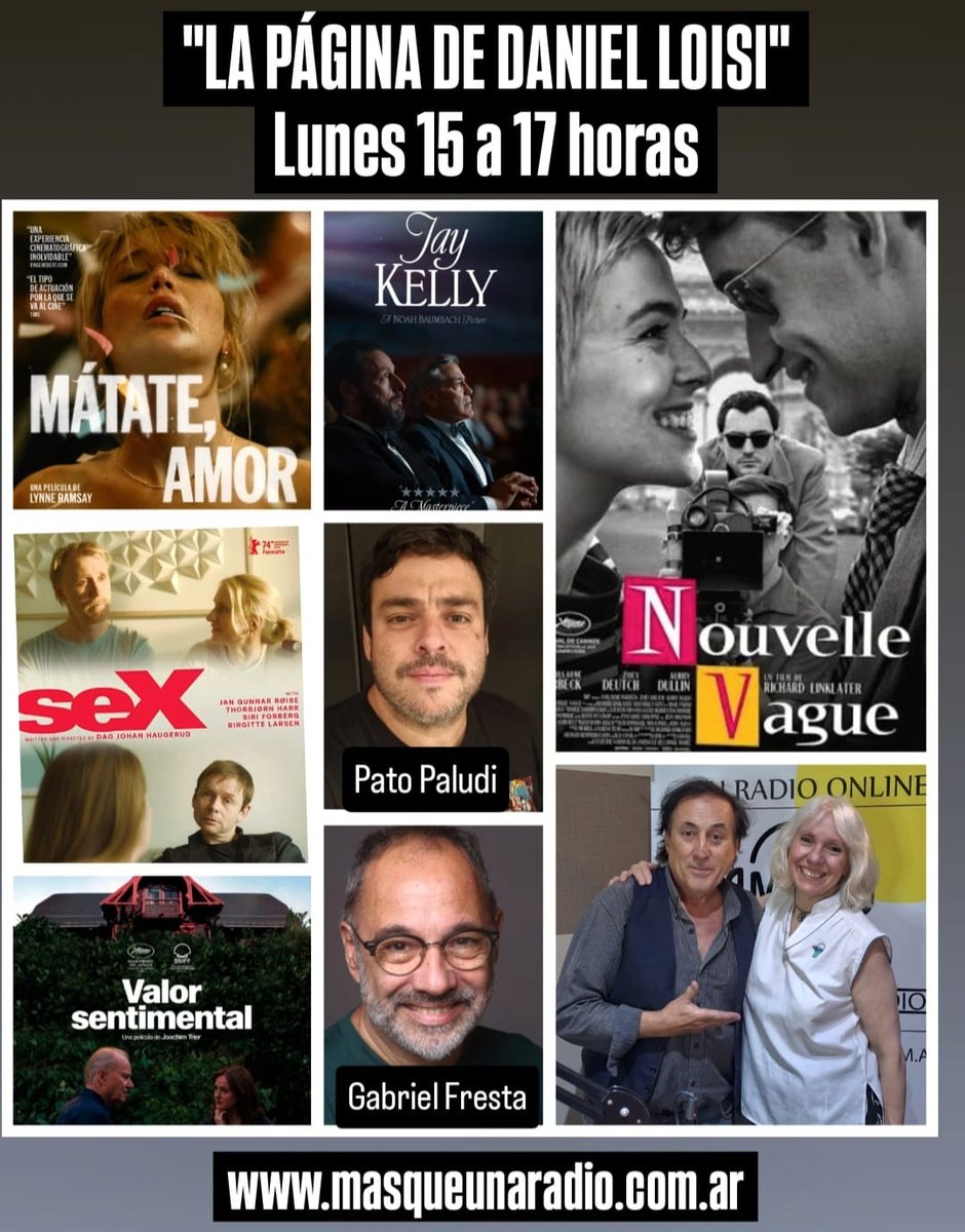 Lunes 5 de enero abrimos el 2026, dos invitados de lujo: Pato Paludi y Gabriel Fresta, analizamos el 2025 y sus mejores estrenos...
Maby Gonzalez en Teatro, y además estrenos y recuerdos!!! Los esperamos por MQR de 15 a 17 en masqueunaradio.com.ar

"La Página de Daniel Loisi".