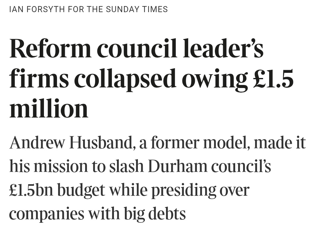 Parody_PM's tweet image. Reform's council leader in Durham aims to save £1.5bn. His previous experience includes running two companies that went bust owing £1.5m, including more than £500k in tax and links to two others that went bust owing £364k. Fingers crossed he can do the same for Durham!