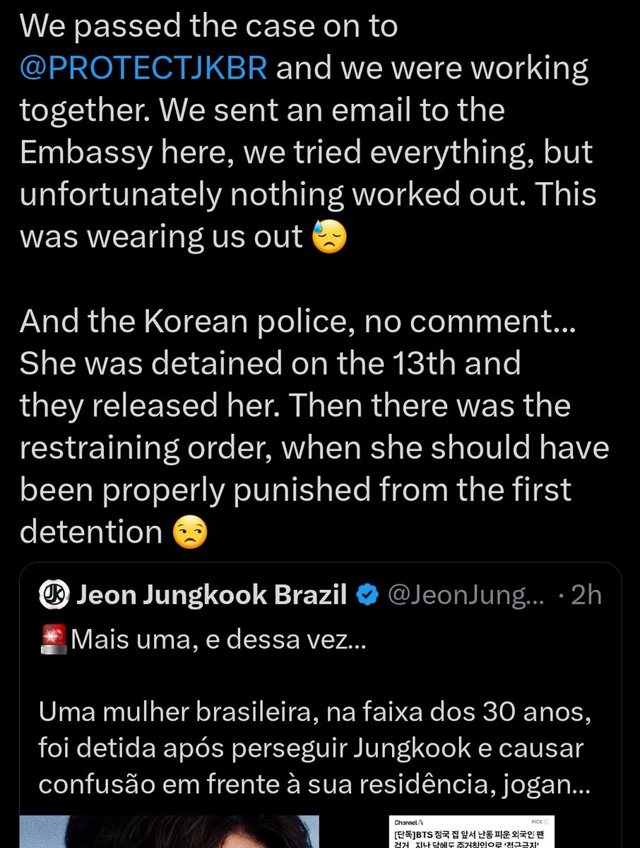 some b-armys fanbases already knew about this brazilian stalker and were acting internally, but the korean embassy and police didn't care about the numerous requests for help... they don't care about the constant harassment against jungkook or any other artist in korea.