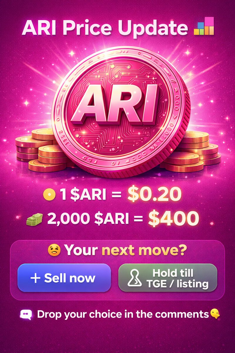 ARI Price Update 📊

🔸 1 $ARI = $0.20
💵 2,000 $ARI = $400

🤔 Your next move?
📤 Sell now
⏳ Hold till TGE / listing

💬 Drop your choice in the comments 👇