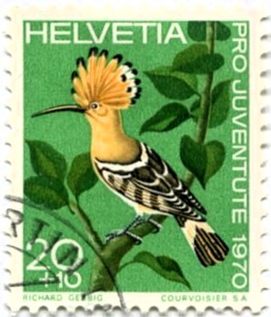 A bird that gets its name from its song "hoo-poo", and gains an 'e' in its given name - Hoopoe
1970: Birds
Artist - Richard Gerbig (1914-1995)
#birds #Switzerland #philately #stamp
