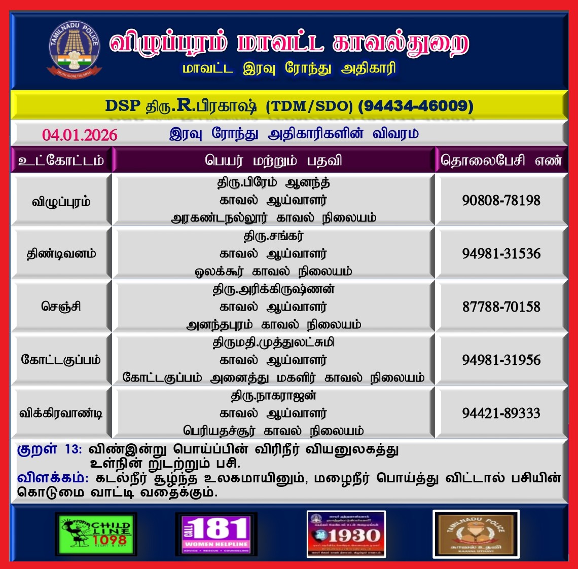 விழுப்புரம் மாவட்டத்தில் இன்று (04.01.2026) இரவு 10 மணி முதல் காலை 6 மணி வரை இரவு ரோந்து பணிக்கு நியமிக்கப்பட்ட  அதிகாரிகள். அவசர காலத்திற்கு உங்கள் உட்கோட்ட அதிகாரியை அழைக்கலாம் அல்லது 100 ஐ டயல் செய்யலாம்.
<a href="/vpmpolice/">Viluppuram District Police</a>
<a href="/tnpoliceoffl/">Tamil Nadu Police</a>
<a href="/Northzone_smc/">Tamilnadu Police North Zone</a>