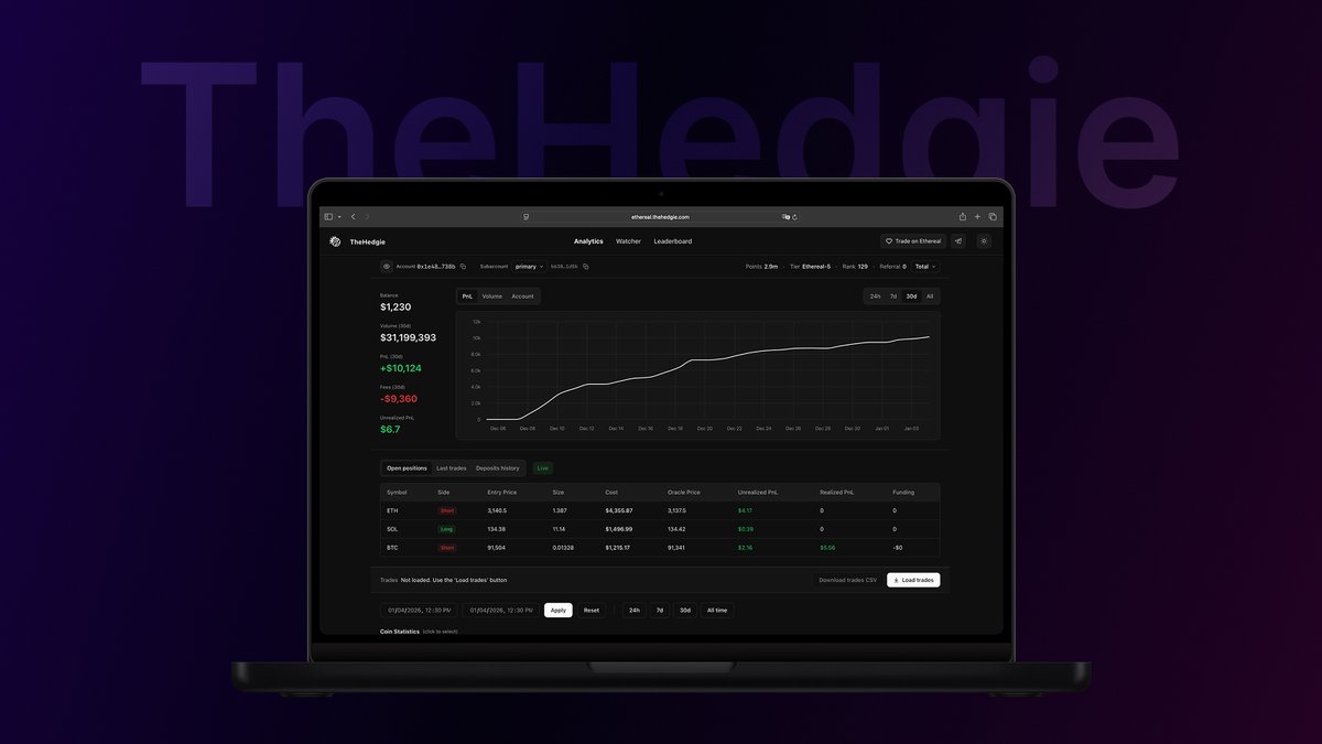 TheHedgie - a hub to track DEX trading accounts

– live watcher &amp; historical analytics
– PnL, volume, positions, orders
– trade-by-trade analysis
– public leaderboard

Currently supporting <a href="/etherealdex/">Ethereal</a>

More DEXs coming