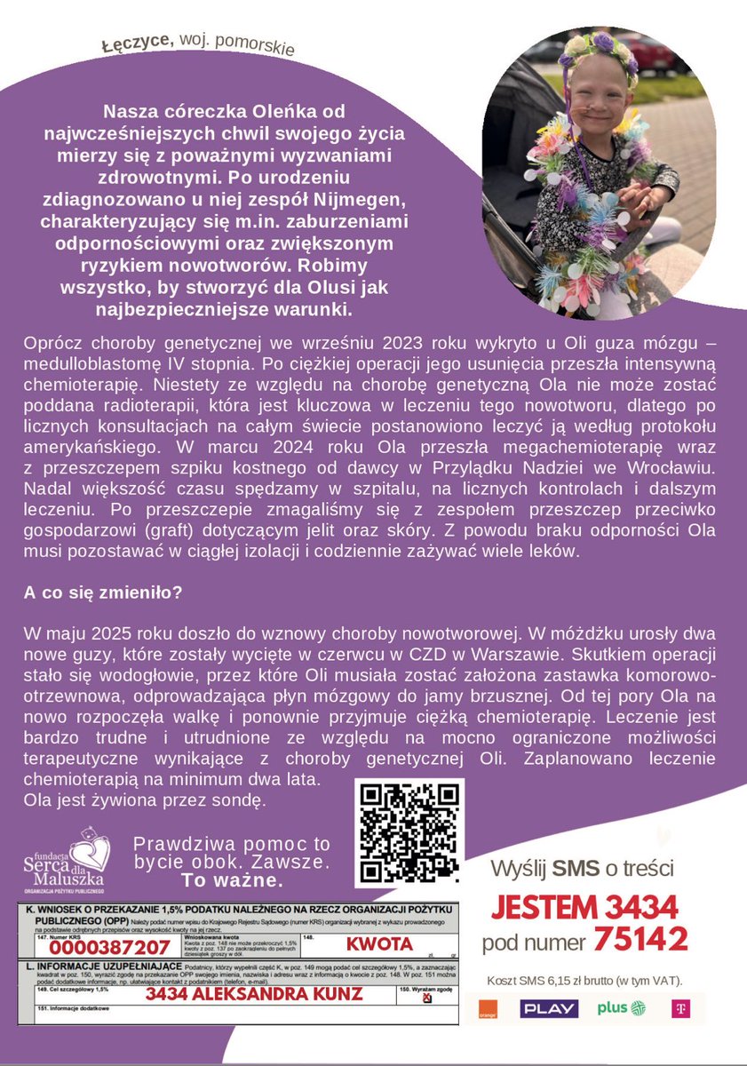 Kochani❣️ 

wraz z nadchodzącym okresem rozliczeniowym przypominam o małej Oleńce, na którą można przeznaczyć 1.5% 

Jako Jej ciocia ogromnie będę wdzięczna 🙏🏽