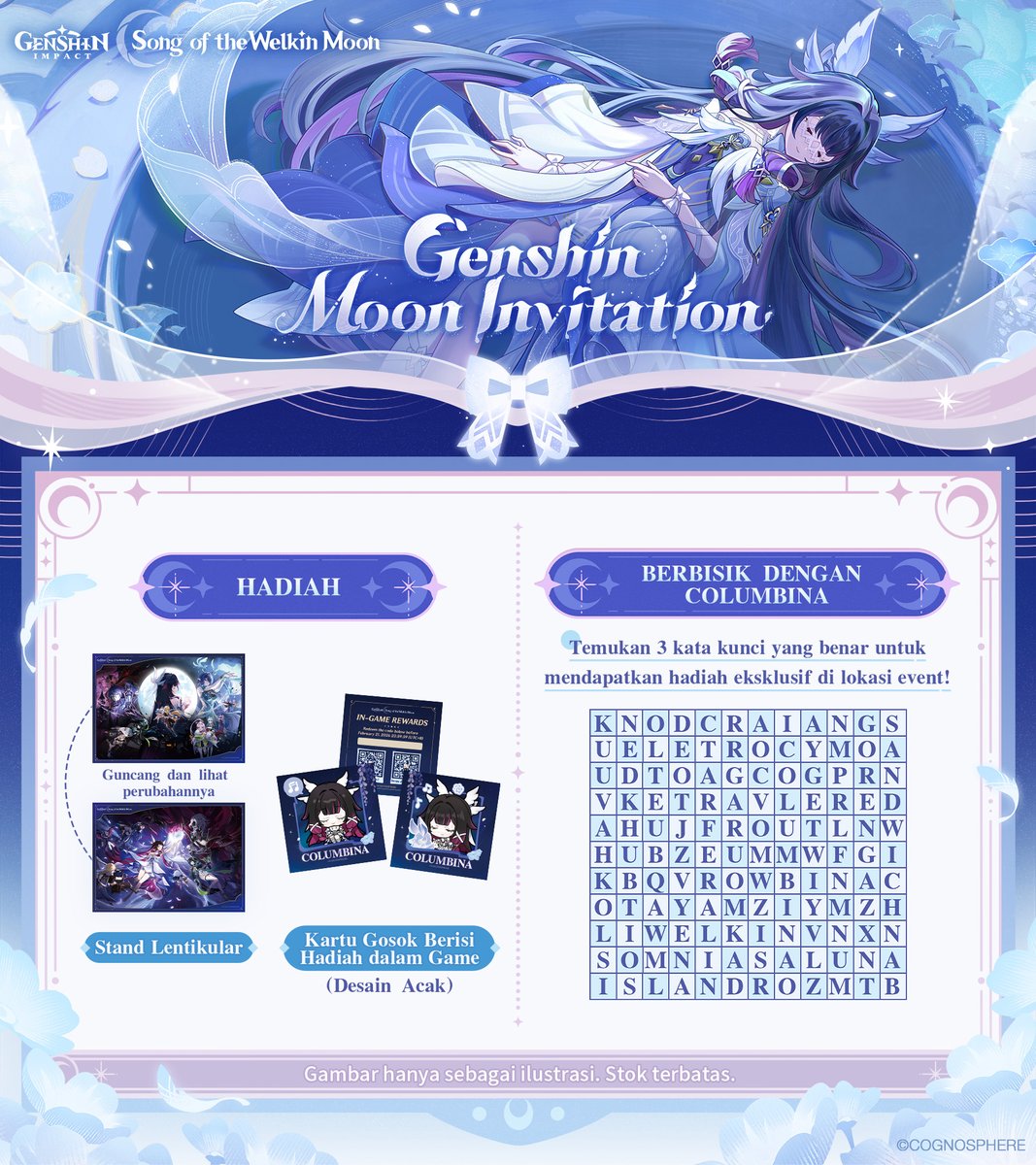 #GenshinImpact #GenshinLunaIV 
Dear Traveler,

Perjalanan misterius antara Traveler dan Columbina akan segera dimulai~ 🌕✨

Event Roadshow #GenshinMoonInvitation akan hadir! Event kali ini akan hadir di 23 lokasi di Indonesia dan Malaysia untuk bertemu dengan para Traveler~