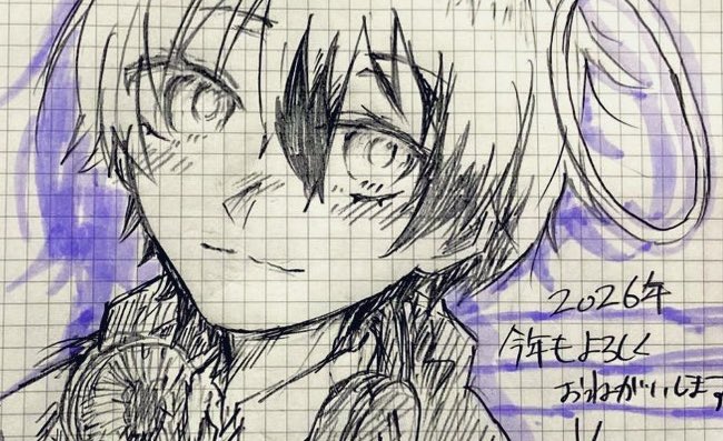 アクナイ垢にあげたあけおめ 
2026一発目のアナログ
 #イラスト