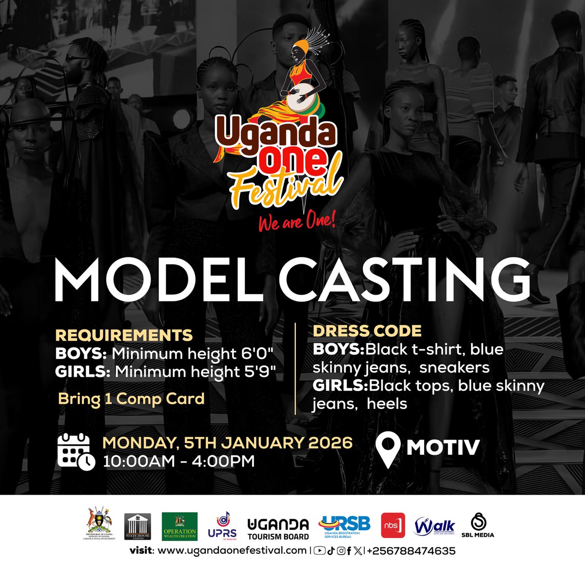 MotivUG's tweet image. Happy New Year! New year, new opportunities— are you a model? This one is for you! Uganda One Festival is hosting a model casting tomorrow at MoTIV. If you think you’ve got what it takes, come through between 10AM – 4PM. Don’t miss out— see you there!

#ModelCasting