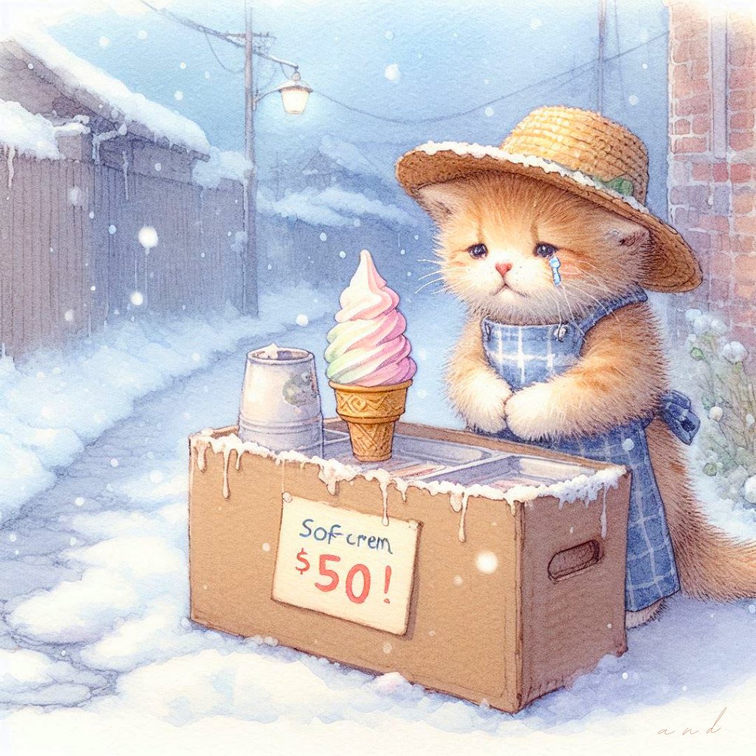 and1521207's tweet photo. バニラ味　空からタダで　降る絶望🍦

He sells ice cream
because someone, somewhere, might need it today.

#AIart #cat #猫 https://t.co/wdOqkQCdgk